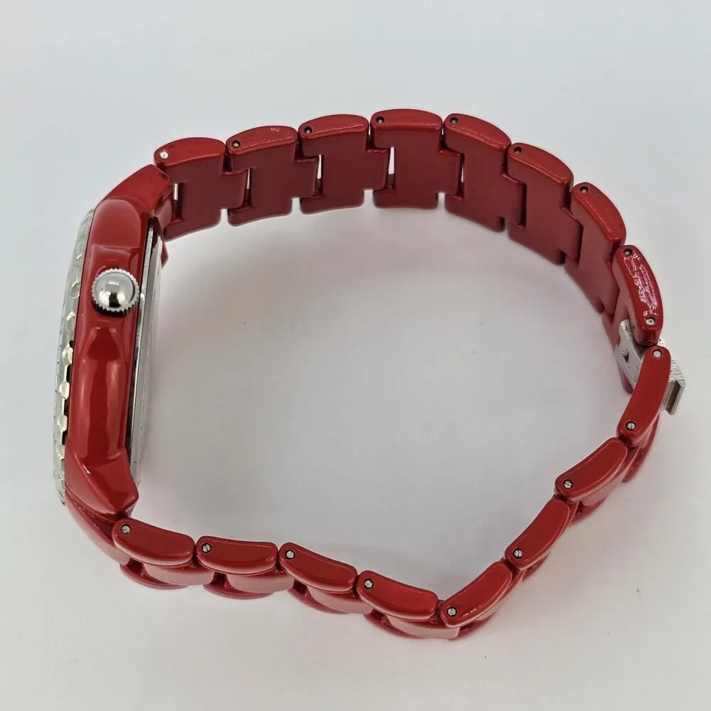 40MM Women's Watch White Dial Gemmed Bezel Red Metal Bands 7.5